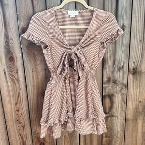 Brown Gingham Cutout Mini Dress